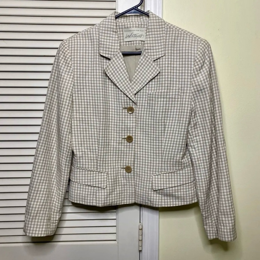 Lord & Taylor Womens Linen blend Blazer Sz 8 Tan Beige Check Short Crop Lined